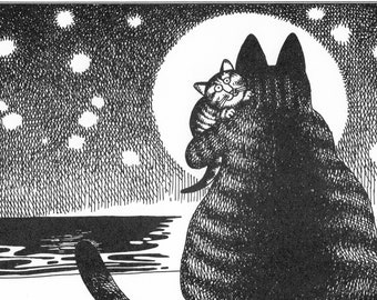 Kliban Cat Art Vintage Print Cat Lover Gift – Cat Mom & Baby Looking at Moon #7706