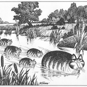 Kliban Cat Art Vintage Print Cat Lover Gift – Cat Family Wading In Summer Stream #7908