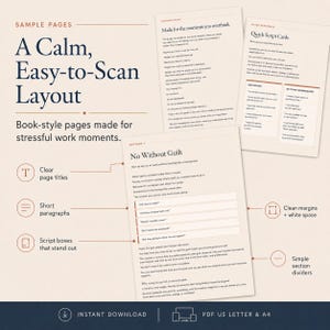 Pode incluir: Um layout de documento digital apresentando tr&ecirc;s p&aacute;ginas com texto em azul escuro e preto sobre um fundo bege claro. O texto inclui t&iacute;tulos como A Calm, Easy-to-Scan Layout, Made for the moments you overthink, Quick Script Cards e No Without Guilt.
