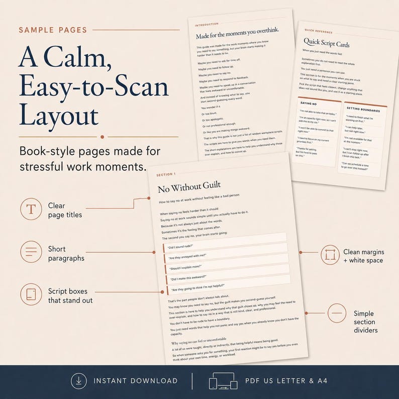 Pode incluir: Um layout de documento digital apresentando tr&ecirc;s p&aacute;ginas com texto em azul escuro e preto sobre um fundo bege claro. O texto inclui t&iacute;tulos como A Calm, Easy-to-Scan Layout, Made for the moments you overthink, Quick Script Cards e No Without Guilt.