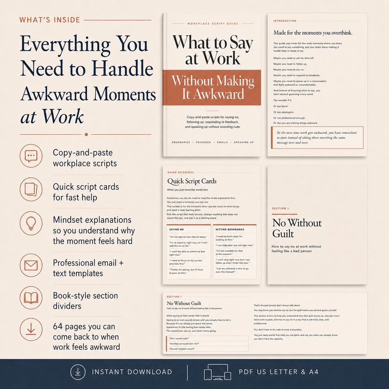 Pode incluir: Um guia digital intitulado What to Say at Work Without Making It Awkward, contendo p&aacute;ginas com scripts para o ambiente de trabalho, cart&otilde;es de refer&ecirc;ncia r&aacute;pida e modelos de e-mail para lidar com situa&ccedil;&otilde;es profissionais delicadas.
