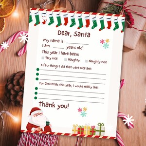 Carta de niños a Papá Noel, Carta a Papá Noel, Carta de Navidad, Carta imprimible a Papá Noel, Descarga imprimible editable, Lista de deseos