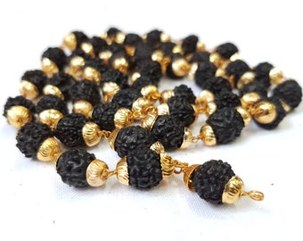 Panch Mukhi Rudraksha Mala: 9mm Black Prayer Beads with Golden Caps