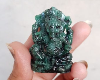 Emerald Ganesha Idol, Handcrafted Gemstone Emerald Ganesha Statue, Genuine Emerald Figurine Ganesha