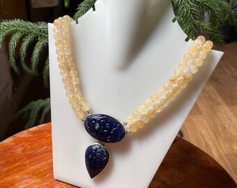 Natural Yellow Jade Stone Necklace Natural Sodalite Stone Pendant