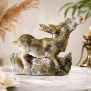 Estatua de ciervo tallada en piedra ojo de gato, figura de animal hecha a mano, regalo de decoración para el hogar