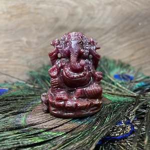 May include: A small, intricately carved statue of the Hindu deity Ganesha, made from a deep red gemstone. The statue is sitting on a bed of peacock feathers.