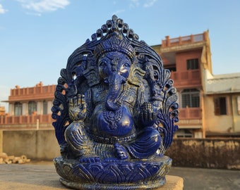 Lapis Lazuli Ganesha Statue: 11&quot; Lattice Temple Decor