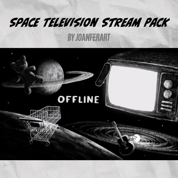 Space Television Animated Twitch Overlay Pack, Black and White, Loop Animation, Panels, Screens, Cam Overlay,