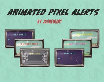 May include: Animated pixel alerts for Twitch streams, featuring retro-style television screens with different messages like "New Cheer", "New Subscriber", "New Host", "New Donation", "New Follower", and "New Raid".