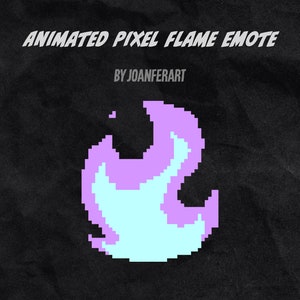 Puede incluir: Emoticono animado de llama de píxeles en un esquema de colores azul claro y morado. La llama está pixelada y tiene una estética de videojuego retro.