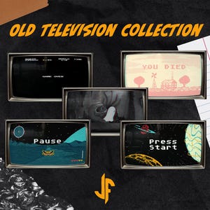 Puede incluir: Una colección de cinco pantallas de televisión antiguas que muestran gráficos de videojuegos retro. Las pantallas muestran frases como "Game Over", "You Died" y "Press Start". La imagen está sobre un fondo oscuro con el texto "OLD TELEVISION COLLECTION."