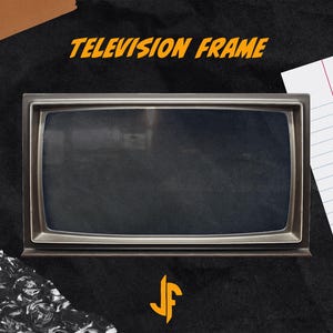 Puede incluir: Un marco de televisión de estilo vintage con una pantalla negra y un marco de metal plateado. El marco está sobre un fondo negro con el texto "TELEVISION FRAME" encima.