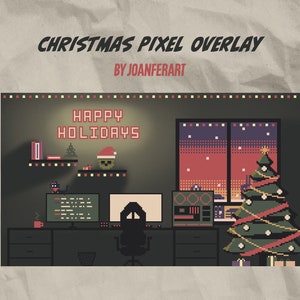 Könnte beinhalten: Eine Pixel-Art-Illustration eines Computertisches mit einem Weihnachtsbaum, einem Fenster mit einer verschneiten Stadtlandschaft und einem Schild mit der Aufschrift "Frohe Feiertage".
