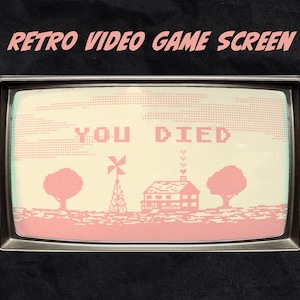 以下が含まれることがあります： レトロなビデオゲームの画面に、家のピクセル化された画像、木々、風車が映し出されています。画面には「YOU DIED」というテキストが表示されています。