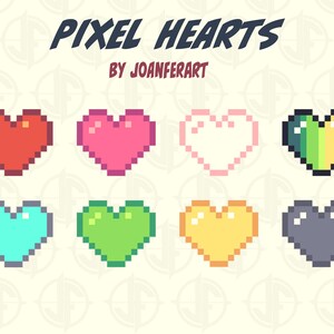 以下が含まれることがあります： 8つの異なる色のピクセルアートのハート：赤、ピンク、白、虹、青、緑、黄、グレー。  「PIXEL HEARTS BY JOANFERART」はハートの上に書かれています。