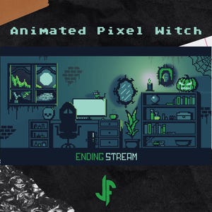 Könnte beinhalten: Pixel-Art-Illustration eines Hexenzimmers mit Schreibtisch, Regalen und einem Fenster. Die Texte "Animated Pixel Witch" und "Ending Stream" werden angezeigt. Die Farbpalette ist hauptsächlich türkis und grün.