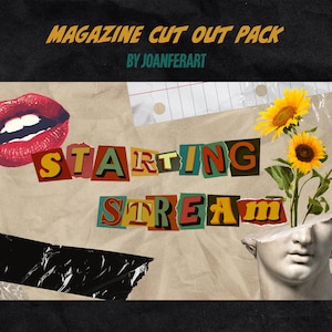 Puede incluir: Un collage de recortes de revistas con las palabras "STARTING STREAM" en letras de colores. El collage incluye un labio rojo, un girasol y un busto de yeso con un girasol que crece de su cabeza.