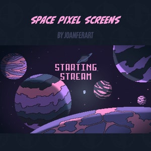 Puede incluir: Ilustración de arte de píxeles de una escena espacial con planetas, estrellas y el texto "STARTING STREAM" en un esquema de color morado y rosa.