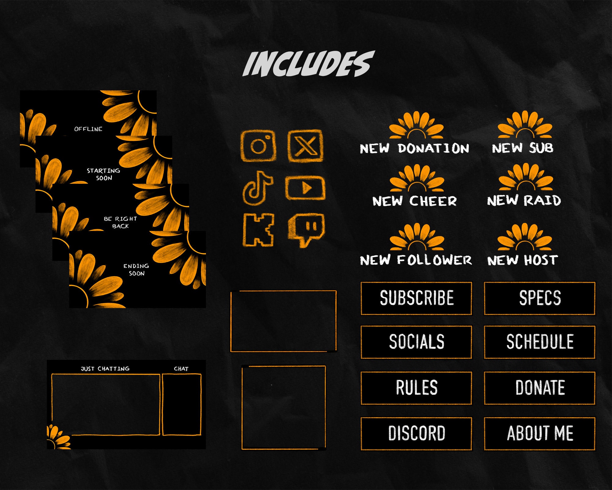 Twitch Sunflower Overlay Pack, Animated Hand-drawn Stream Overlay Pack ...