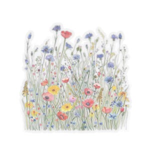 Stickers wilde bloemenweide, transparante aquarel bloemenkus gesneden sticker, vier maten om uit te kiezen.