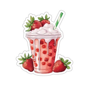 Stickers thé aux fraises, coupe bisou, Pour cartes de papeterie, enveloppes, emballages cadeaux, ordinateurs portables, Quatre tailles disponibles.