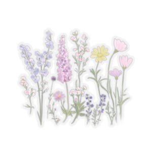 Adesivo trasparente con motivo floreale pastello, fustellato. Per diari, buste, confezioni regalo, computer portatili. Disponibili in quattro misure.