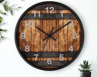 Rustic Bourbon whiskey Wood barrel background circle hanging Wall Clock 10 inch, Home Office decor, silent indoor clock for any room