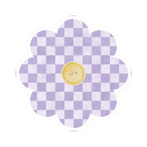 Adesivi con fiori a scacchi viola, in vinile fustellato, per biglietti da visita, buste, confezioni regalo, computer portatili, disponibili in quattro misure.