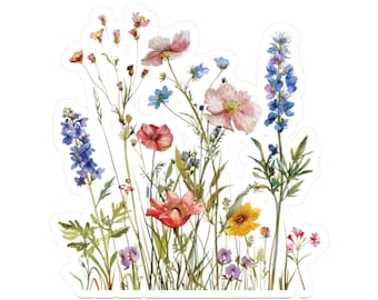 Wildflower vinyl stickers, transparent kiss cut decal, For stationery, envelopes, gift packages, laptops, Four sizes available.