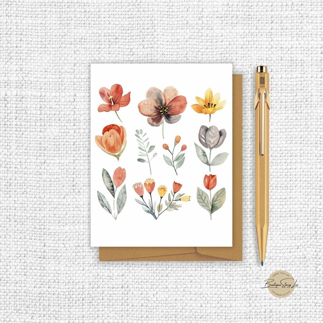 Watercolor Flower Flat Blank Note Cards With Envelopes, 12 Piece Set, 4 ...