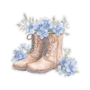 Adesivo de flores azuis em botas, decalque transparente recortado em formato de beijo, para papelaria, envelopes, embalagens de presente, laptops, quatro tamanhos disponíveis.