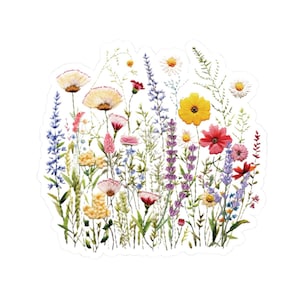 May include: A sticker featuring a watercolor illustration of a wildflower meadow. The design includes a variety of colorful flowers in shades of yellow, red, pink, purple, and blue, with green foliage. The sticker has a white border.