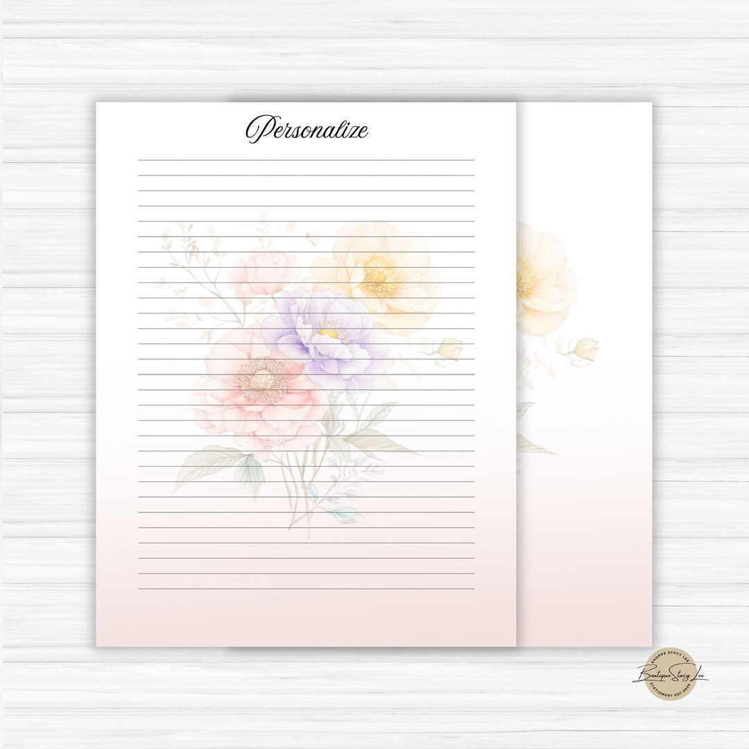 Watercolor Floral Letter Writing Stationery Paper, Lined or Unlined, 8 ...