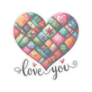 Love You Patchwork Heart sticker, kiss cut decal. Cute for stationery cards, envelopes, gift packages, scrapbook, Four sizes available.