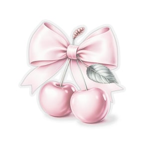 Pink vintage coquette cherry bow stickers kiss cut sticker decal. Four sizes to choose from.