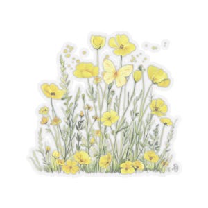 Sticker fleurs sauvages jaunes transparent coupé en forme de baiser Pour cartes de papeterie, enveloppes, emballages cadeaux, appareils électroniques, quatre tailles disponibles.