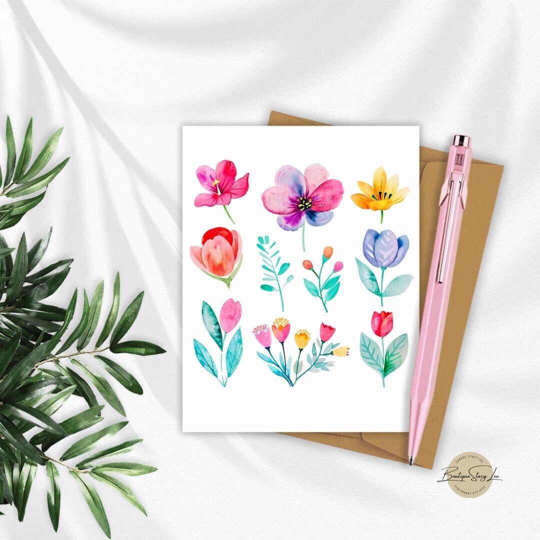 Watercolor Flower Flat Blank Note Cards With Envelopes, 12 Piece Set, 4 ...