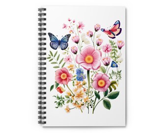 Cahier à spirales, papillons et fleurs, journal - Ligne ligné, cadeau personnalisé pour elle