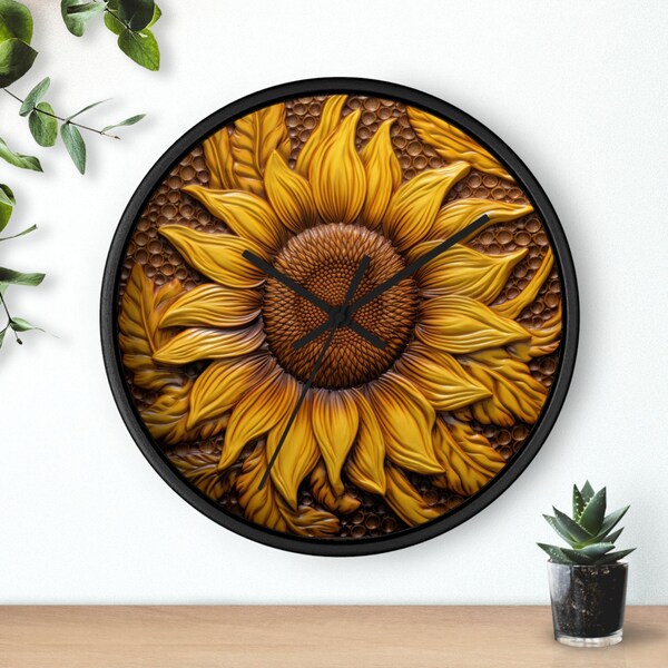 Sunflower clock without numbers, Wood frame Wall Clock 10 inch, Home Office gift decor silent indoor clock for any room, ready to hang,