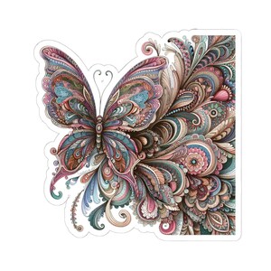 Pegatina de vinilo con flor de mariposa arcoíris bohemia para portátiles y fundas de teléfonos. Cuatro tamaños diferentes disponibles para elegir.