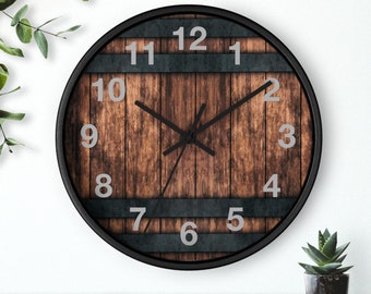 Rustic Bourbon whiskey Wood barrel background circle decorative Wall Clock 10in. Home Office decor silent indoor use any room ready to hang