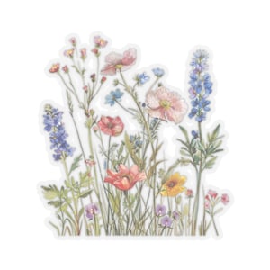 Adesivos de vinil de flores silvestres, decalque transparente recortado, para papelaria, envelopes, embalagens de presente, laptops, quatro tamanhos disponíveis.