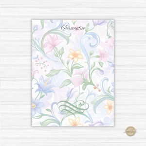 May include: A floral design with pastel colors, including pink, blue, and yellow flowers, and green leaves. The word "Personalize" is written in cursive at the top. The design is on a white background.