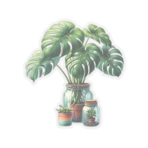 Adesivos para plantas em vasos Monstera, decalque transparente com corte em formato de beijo, para cartões de papelaria, envelopes, embalagens de presente, quatro tamanhos disponíveis.