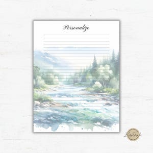 May include: A lined stationery sheet with a watercolor landscape scene featuring a river flowing through a forest. The word "Personalize" is written at the top. The color palette includes blues, greens, and whites.