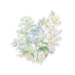 Pegatinas de flores azules transparentes, calcomanías troqueladas, para papelería, sobres, paquetes de regalo, computadoras portátiles. Cuatro tamaños disponibles.