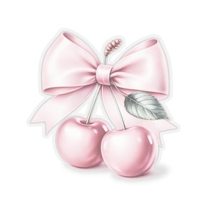 Pink vintage coquette cherry bow stickers, transparent kiss cut sticker decal. Four sizes to choose from.