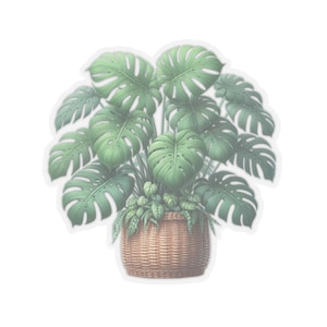 Adesivos para plantas em vasos Monstera, decalque transparente com corte em formato de beijo, para cartões de papelaria, envelopes, embalagens de presente, quatro tamanhos disponíveis.