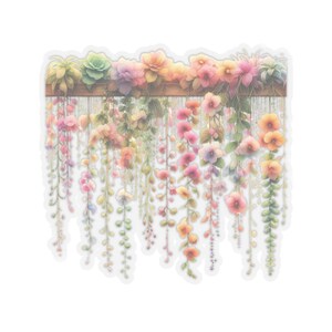 Sticker fleurs suspendues, sticker transparent découpé. Pour les cartes de papeterie, les enveloppes, les emballages cadeaux, les albums de découpures, quatre tailles disponibles.